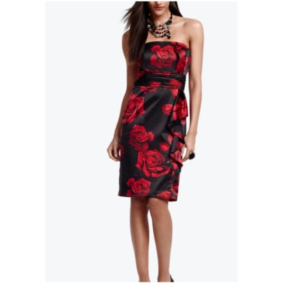 WHBM Corset Dress 6 Black Red Rose Ruffle Strapless Party Wedding Cruise - Picture 1 of 12